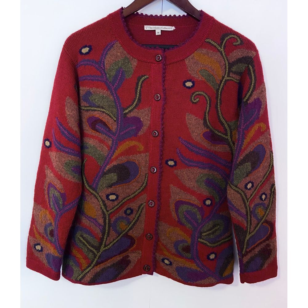 NWOT The‎ Alpaca Collection Peru Knitted Embroidered Red Multi Cardigan sz Med